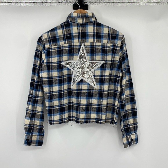 Sojara Button Cropped Jacket Women Size Small Blue Sequin Star Flannel Plaid - Picture 7 of 11